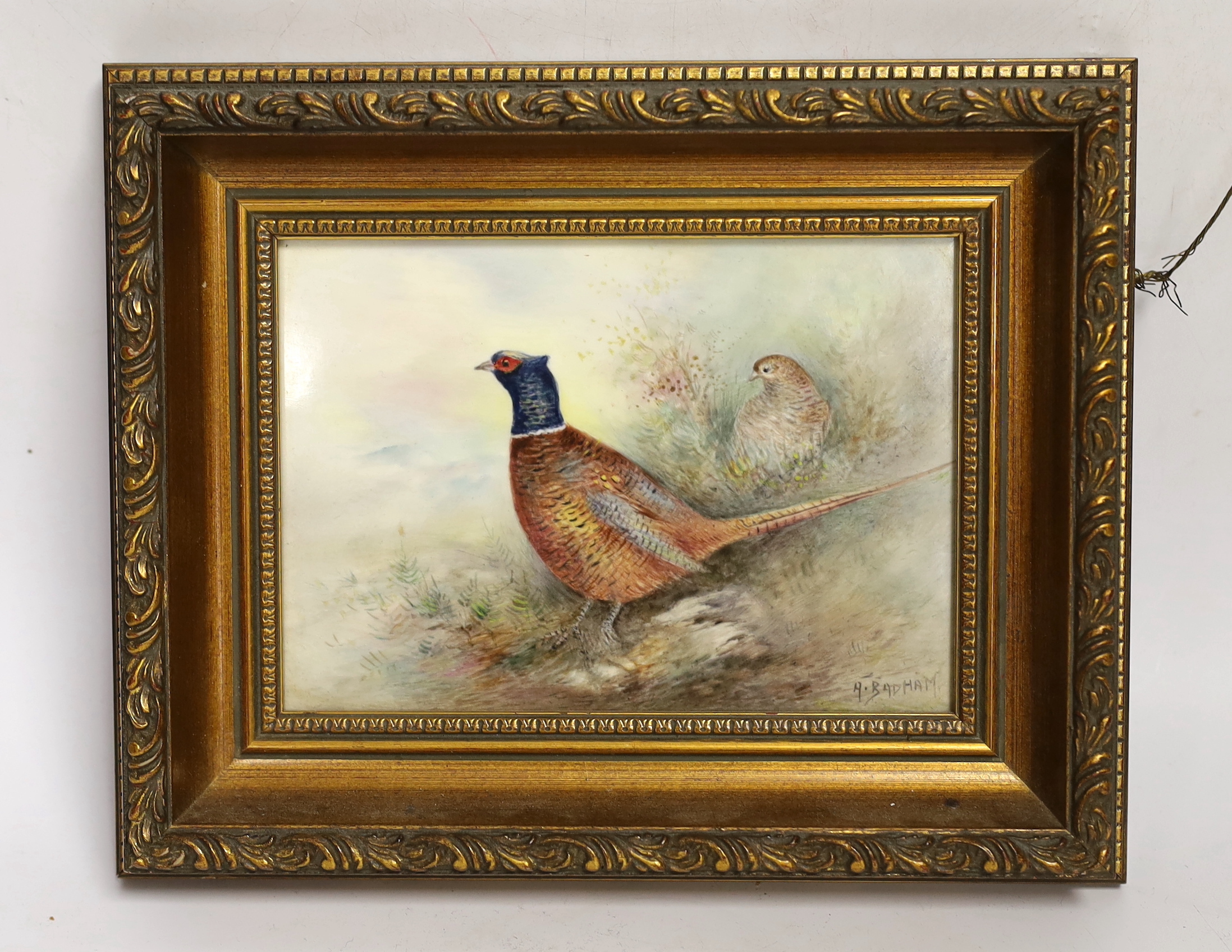 A Royal Worcester plaque hand painted with pheasants, signed A Badham, overall 20 x 24cm